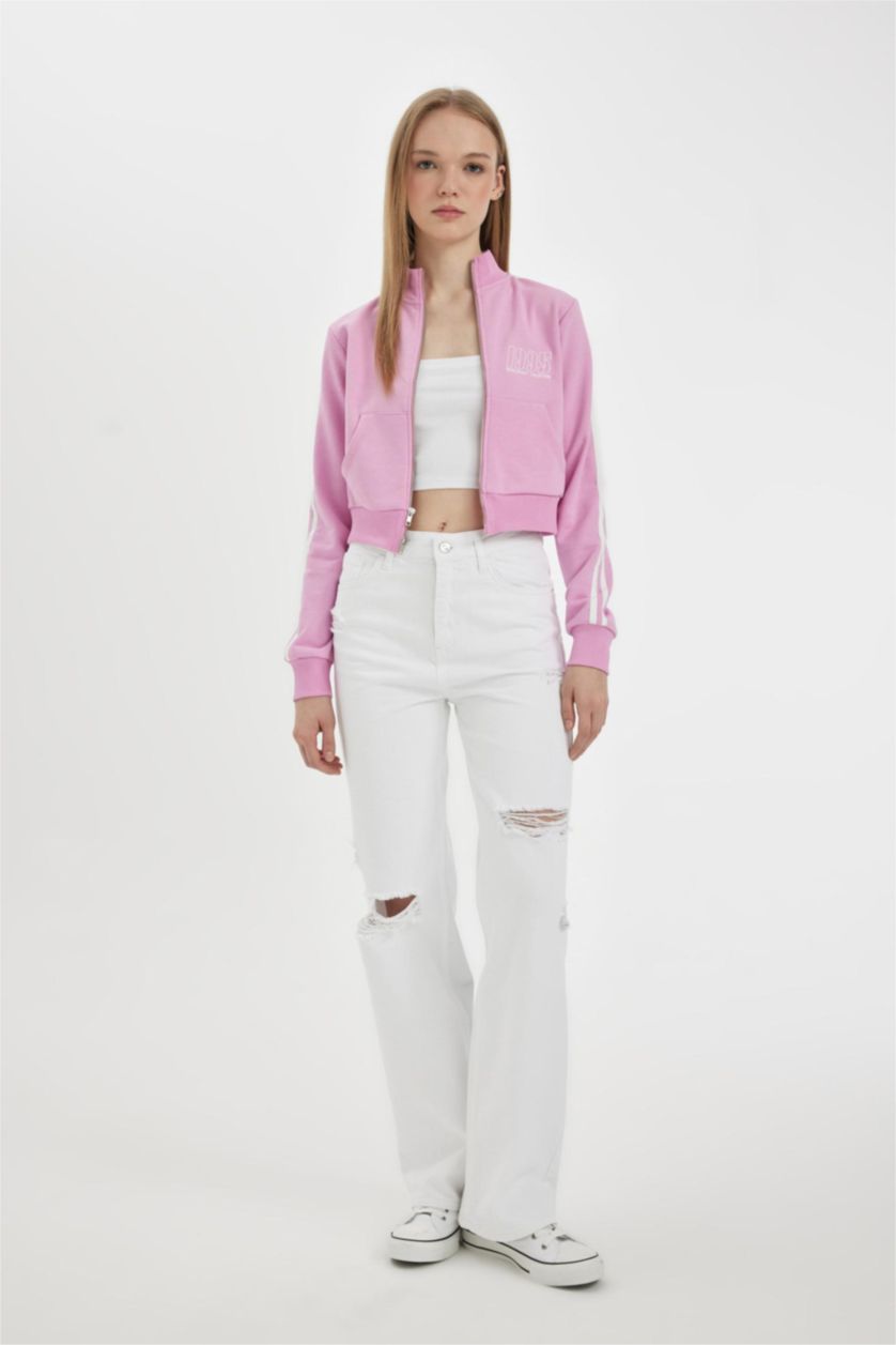 Woman Pink Fitted Printed Sports Cardigan