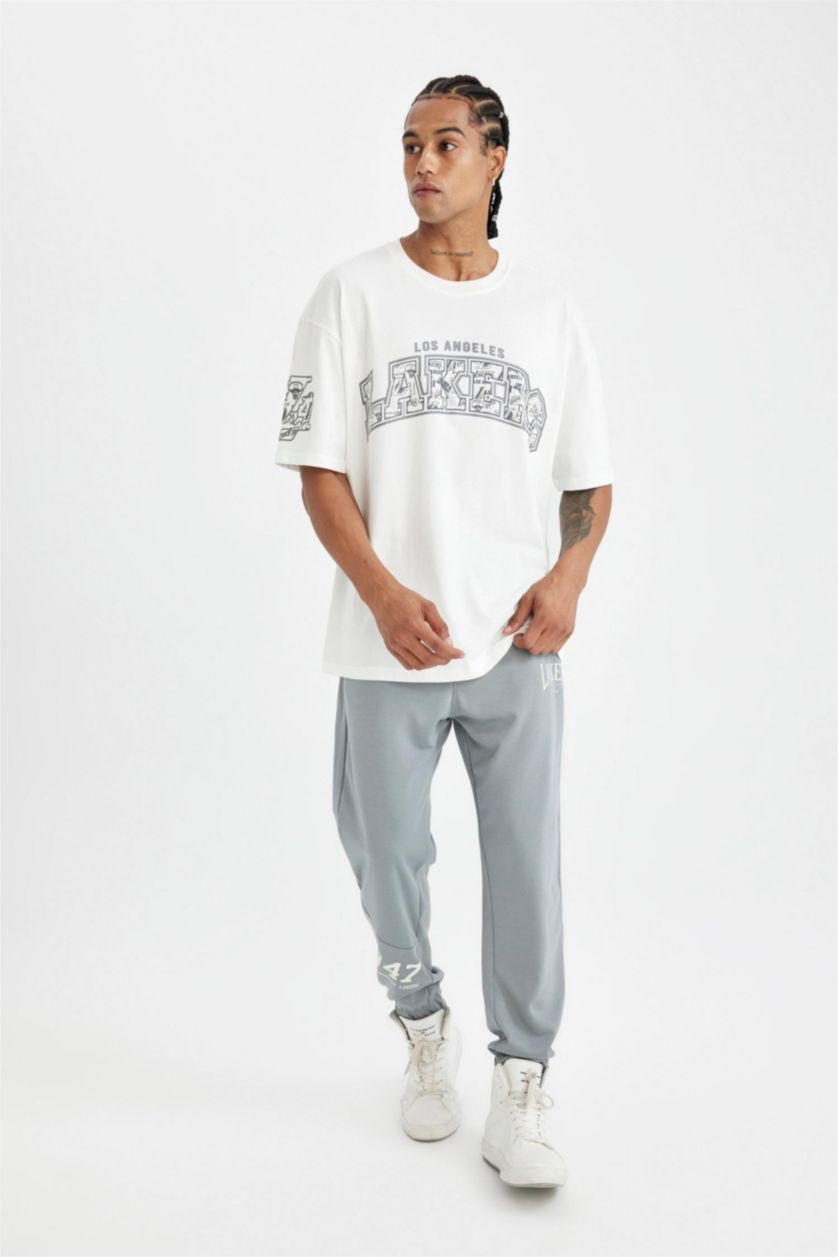 MAN Grey DeFactoFit NBA Los Angeles Lakers Standard Fit Scuba Fabric Jogger Pants