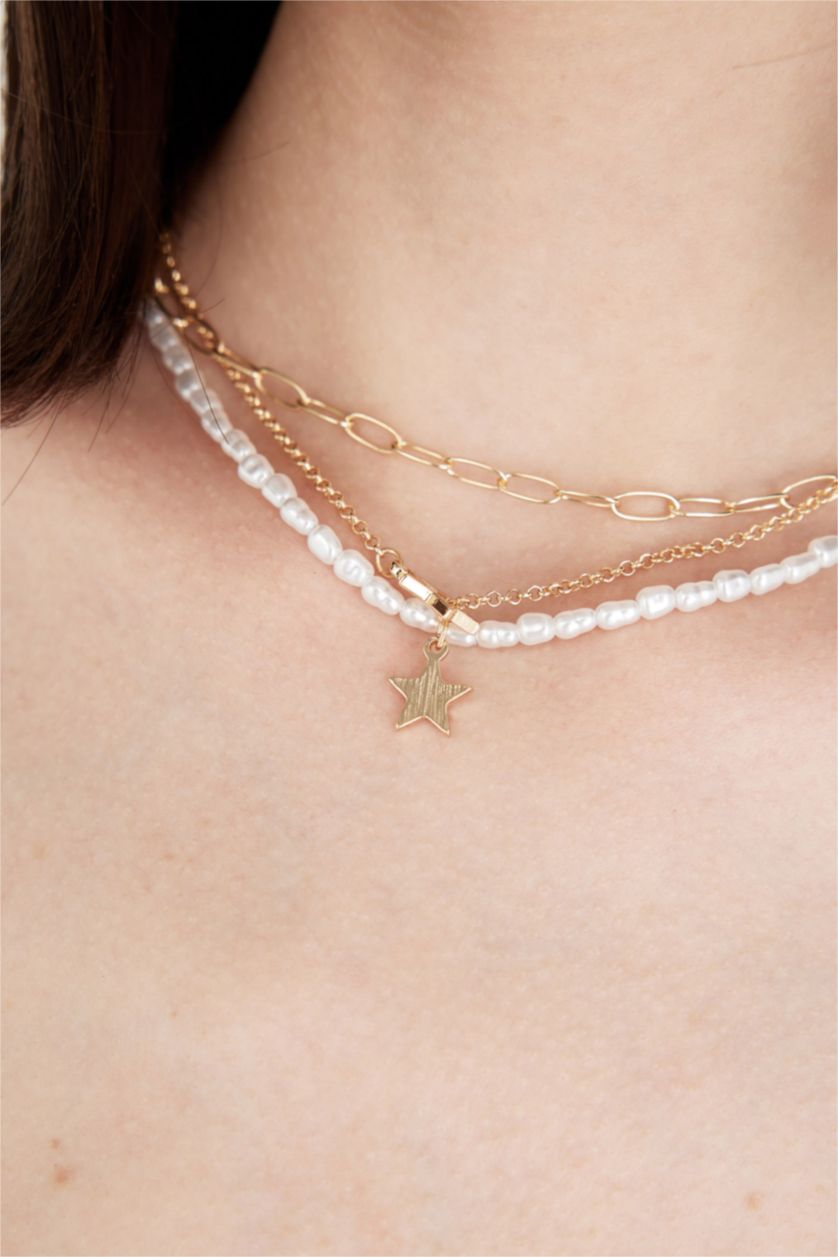 Kadın Altın Kadın 3'lü Yıldız ve İncili Kolye