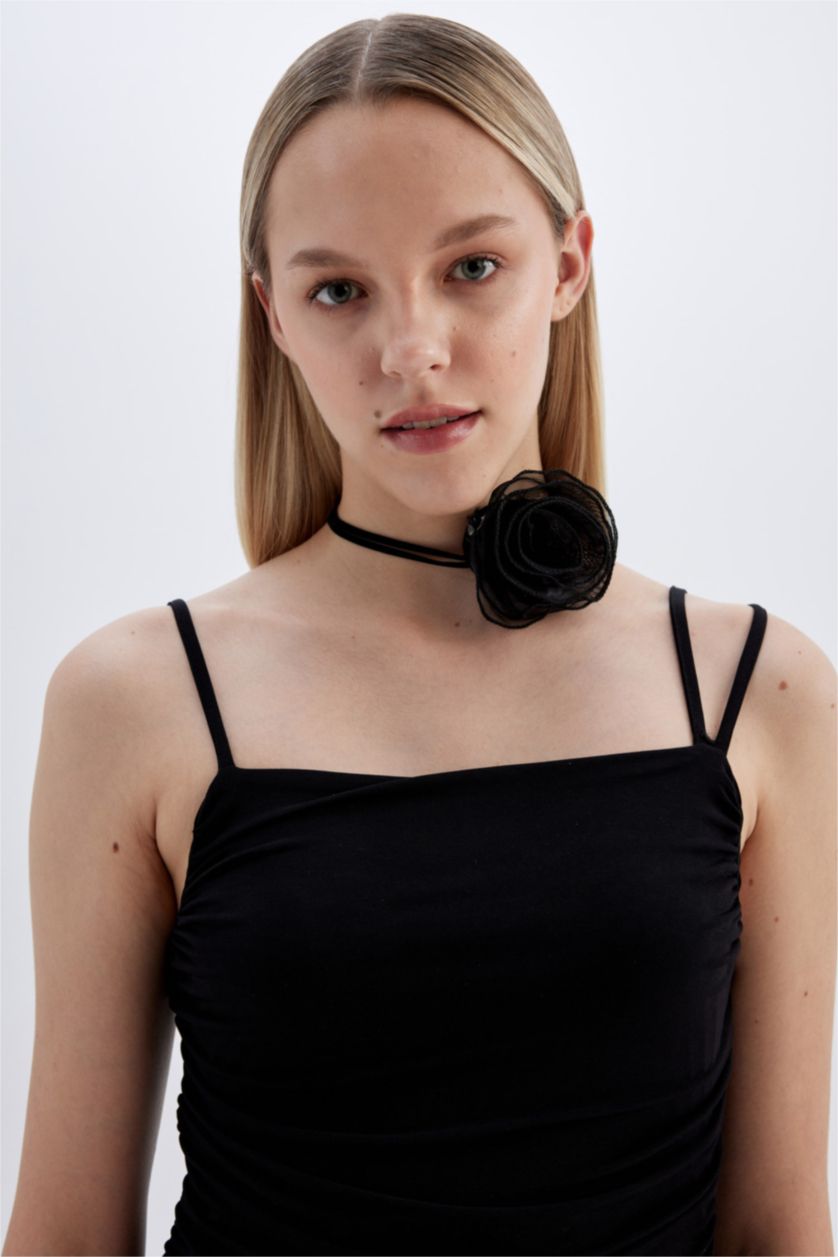 Kadın Siyah Bodycon Askılı Midi Elbise