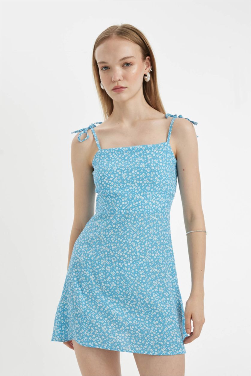 FEMME Bleu Mini Robe Imprimée à Bretelles