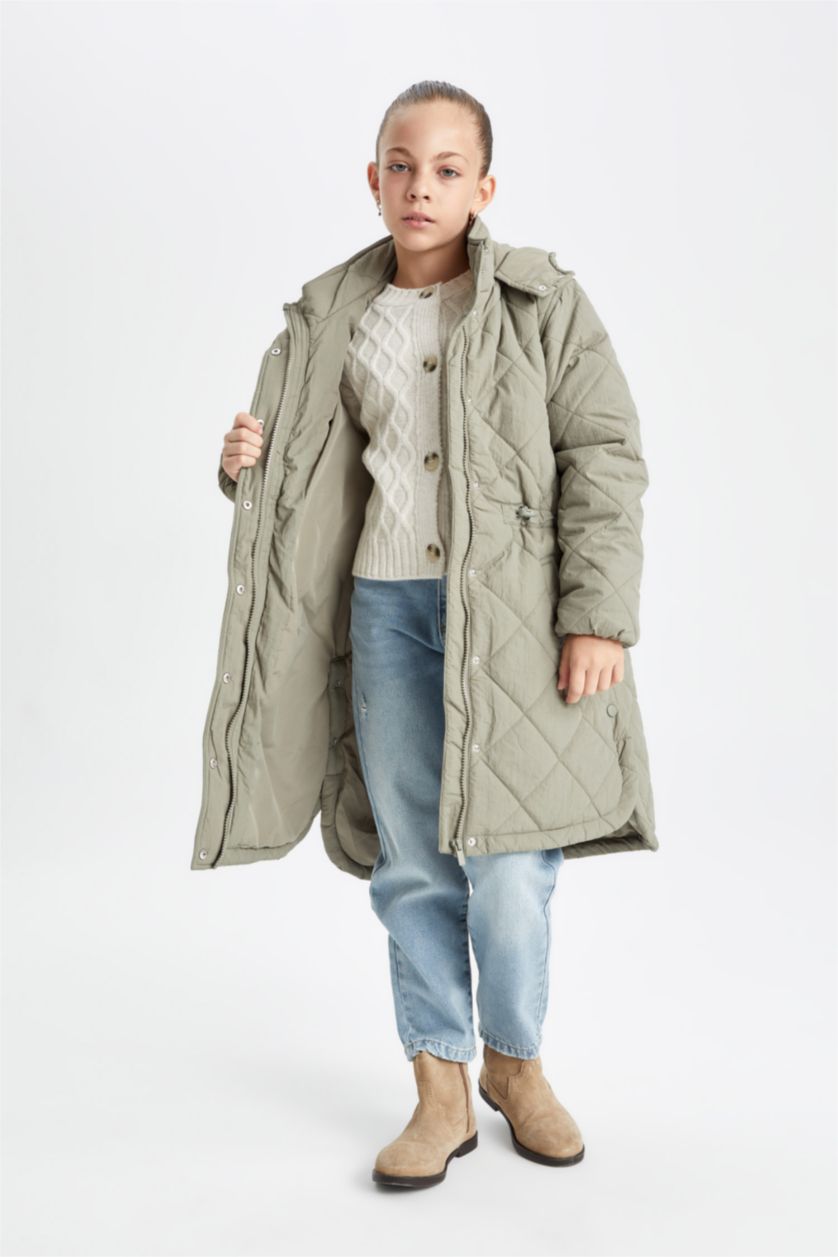 Kız Çocuk - Genç Kız Haki Su Geçirmez Kapüşonlu Fermuarlı Çıtçıtlı Cepli Uzun Mont Parka Kız Çocuk