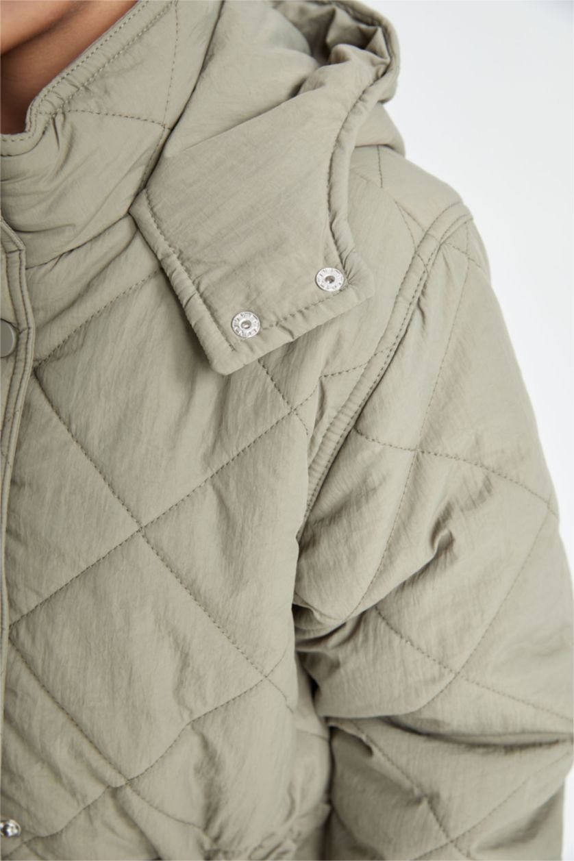 Kız Çocuk - Genç Kız Haki Su Geçirmez Kapüşonlu Fermuarlı Çıtçıtlı Cepli Uzun Mont Parka Kız Çocuk