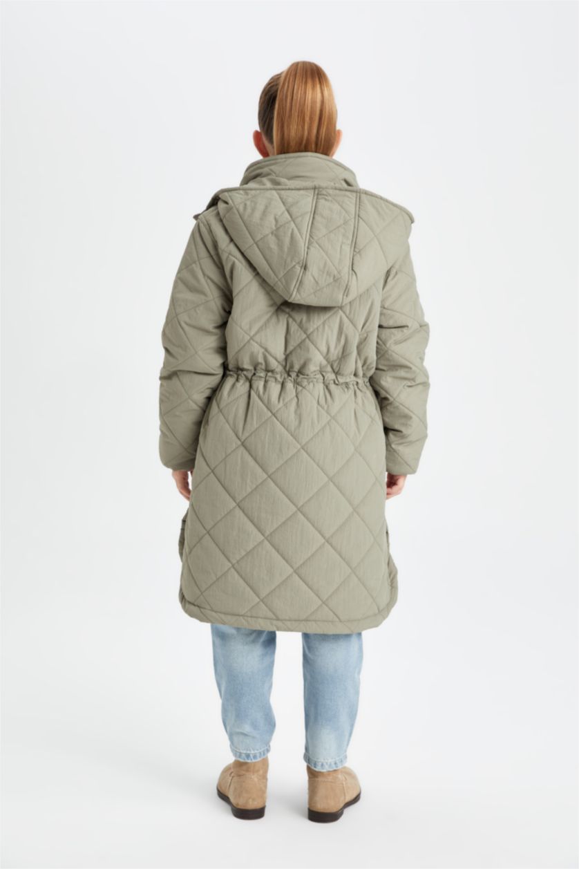 Kız Çocuk - Genç Kız Haki Su Geçirmez Kapüşonlu Fermuarlı Çıtçıtlı Cepli Uzun Mont Parka Kız Çocuk