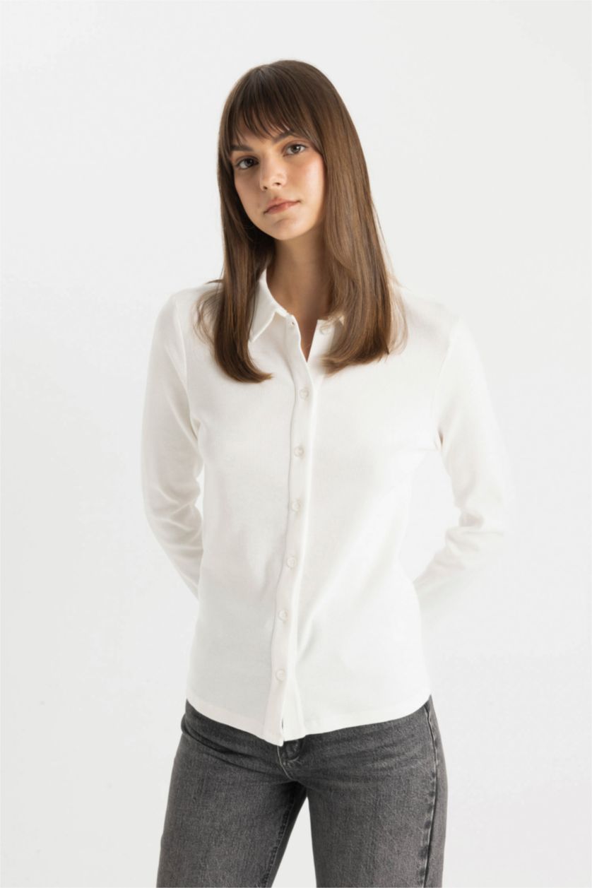 Woman Ecru Buttoned Basic Ribbed Long Sleeve Shirt Tunic