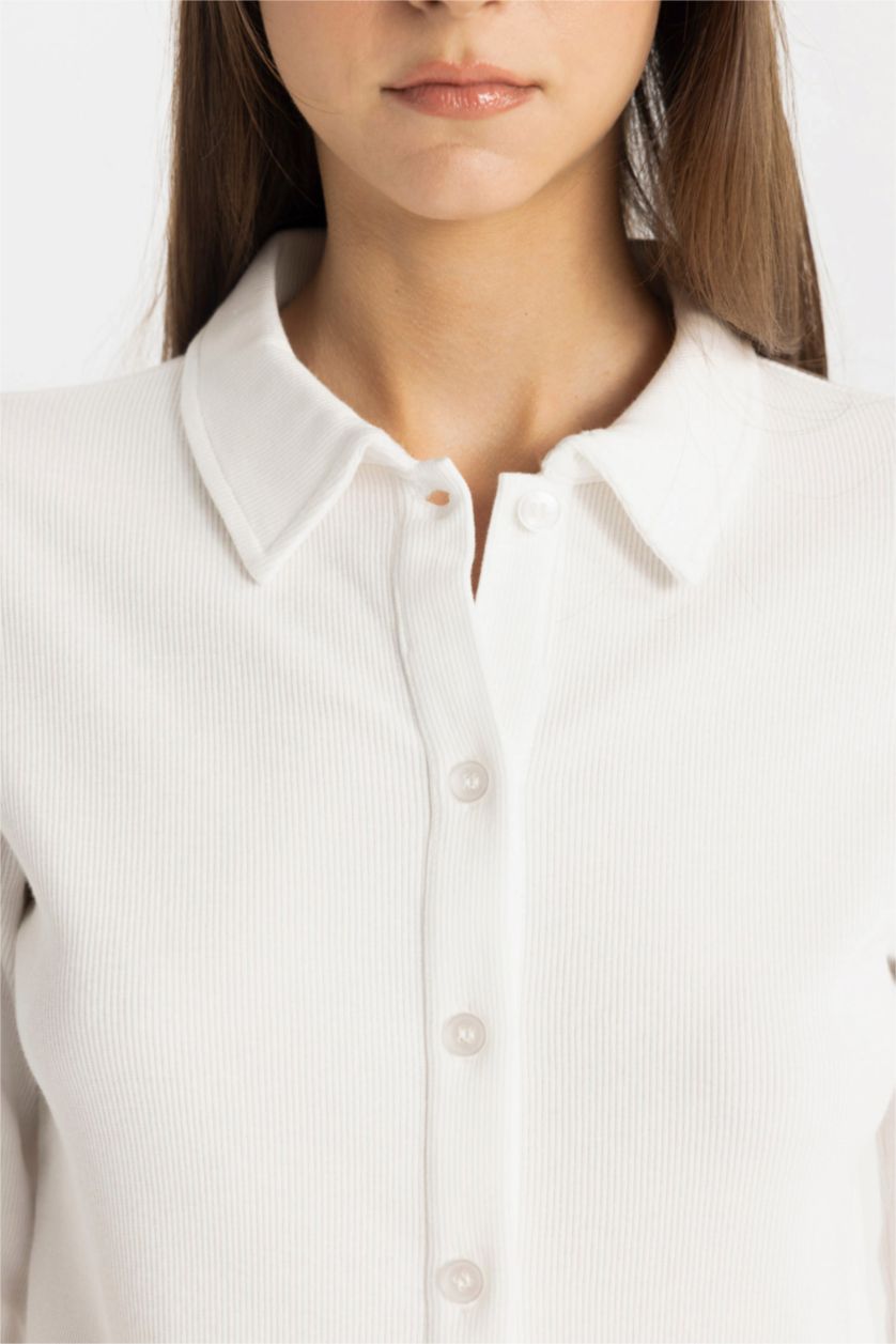 Woman Ecru Buttoned Basic Ribbed Long Sleeve Shirt Tunic