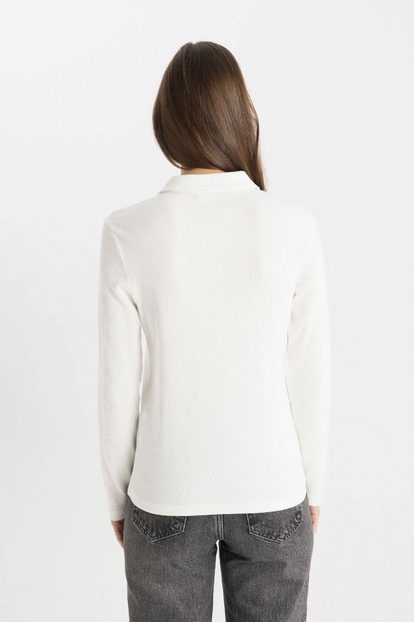 Woman Ecru Buttoned Basic Ribbed Long Sleeve Shirt Tunic