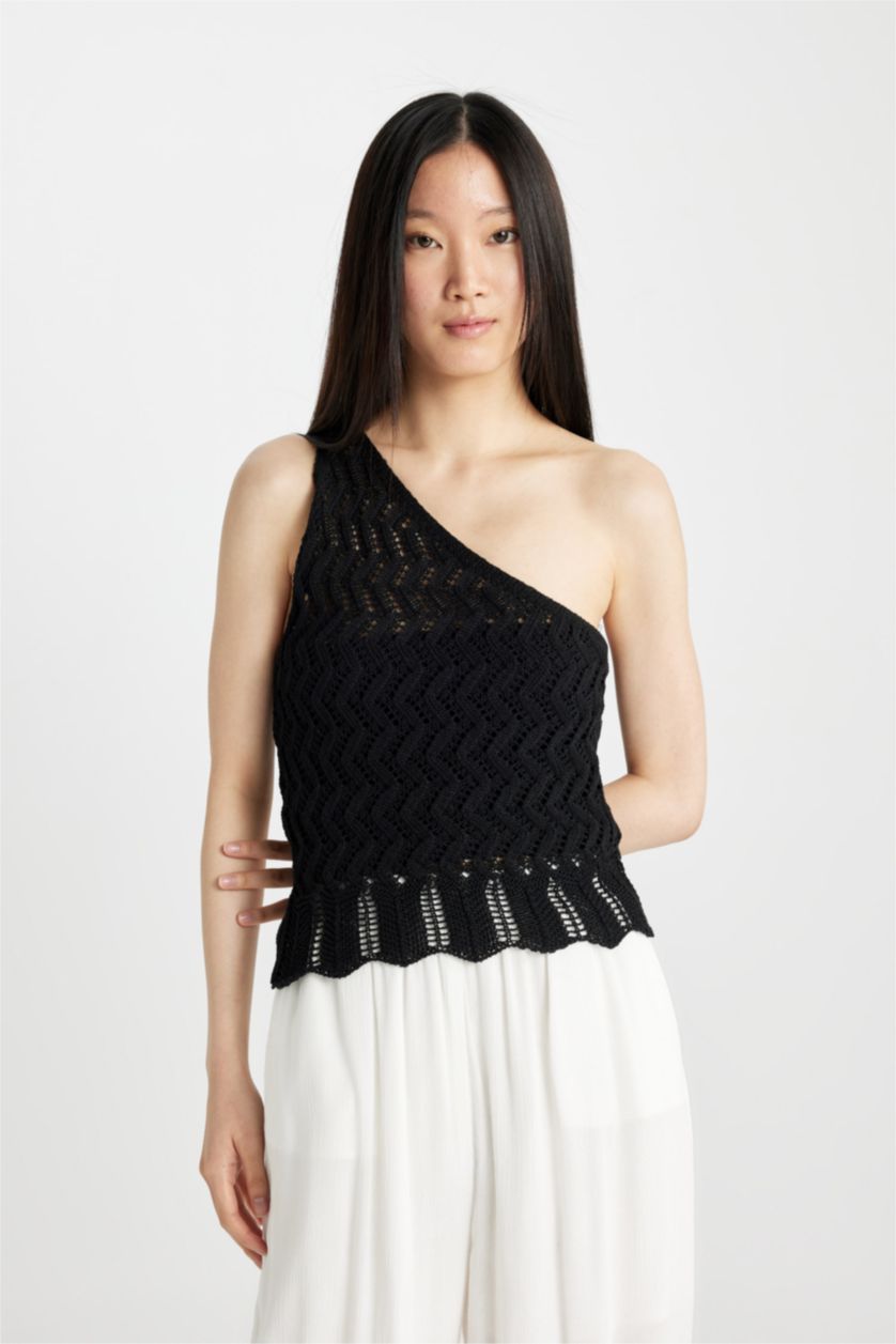 Kadın Siyah Fitted Tek Omuzlu Kroşe Siyah Atlet