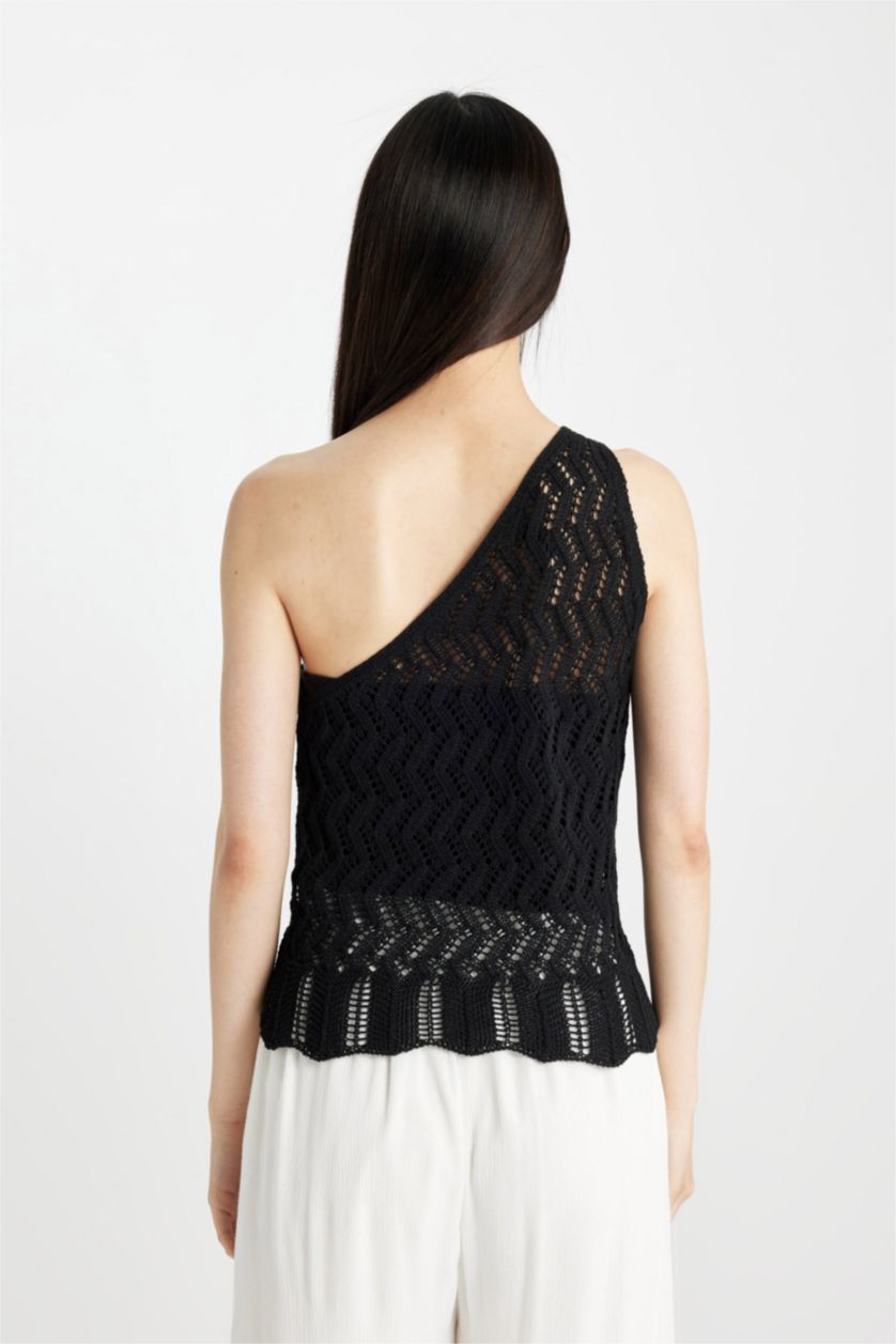 Kadın Siyah Fitted Tek Omuzlu Kroşe Siyah Atlet