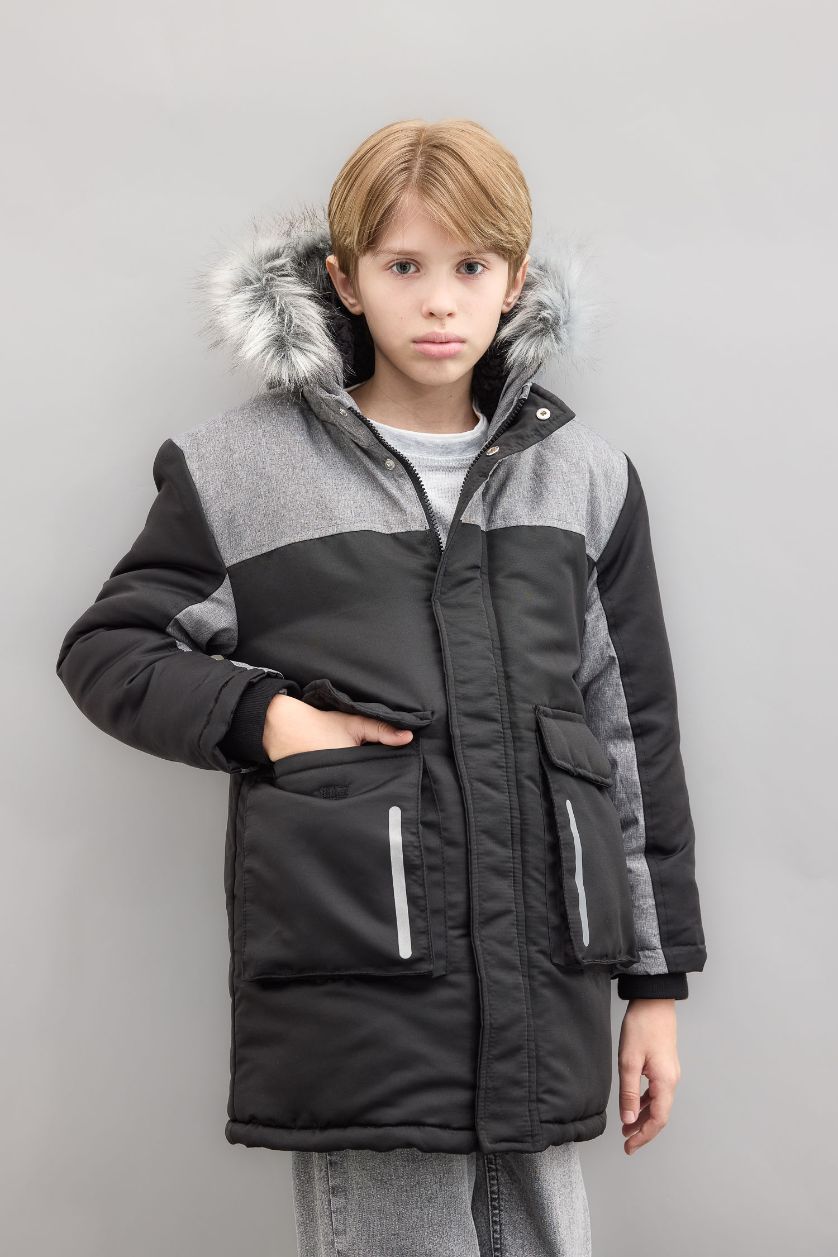 GARÇONS Noir Manteau à capuche en fausse Fourrure amovible et doublure en Peluche pour Garçon