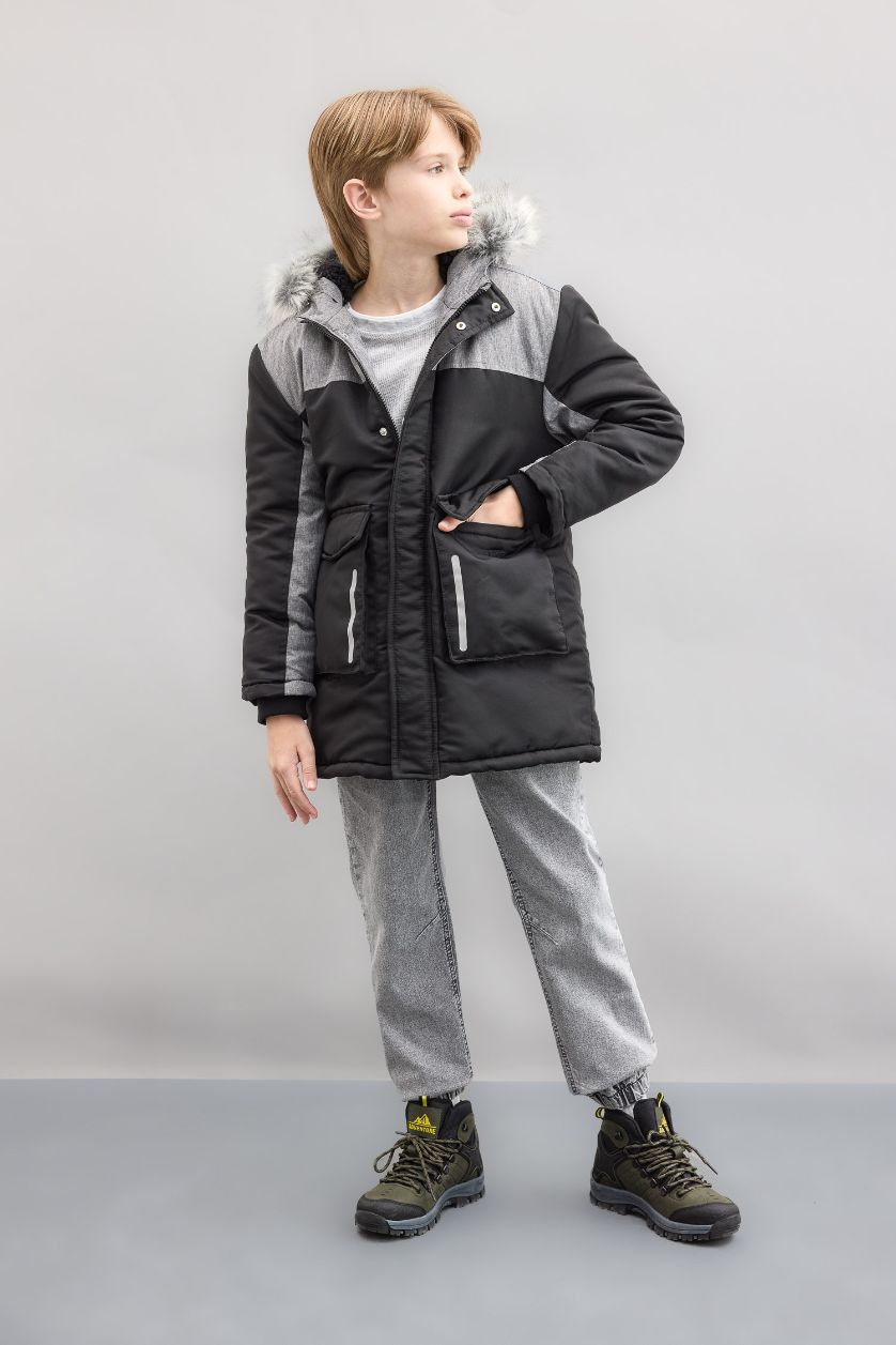 GARÇONS Noir Manteau à capuche en fausse Fourrure amovible et doublure en Peluche pour Garçon