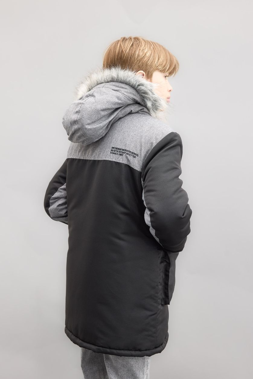 GARÇONS Noir Manteau à capuche en fausse Fourrure amovible et doublure en Peluche pour Garçon