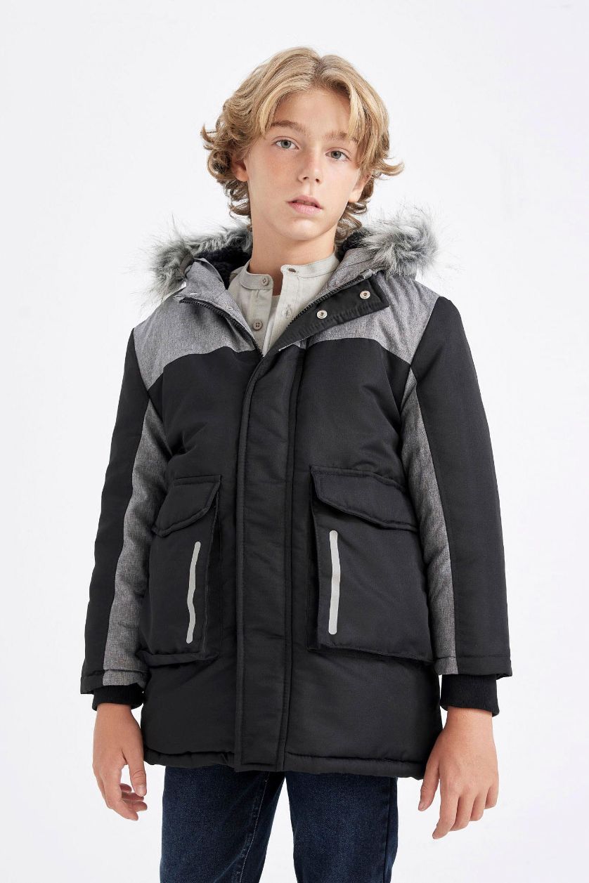 GARÇONS Noir Manteau à capuche en fausse Fourrure amovible et doublure en Peluche pour Garçon