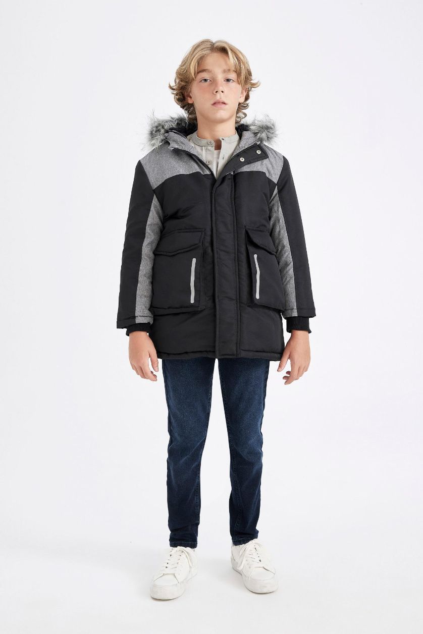 GARÇONS Noir Manteau à capuche en fausse Fourrure amovible et doublure en Peluche pour Garçon