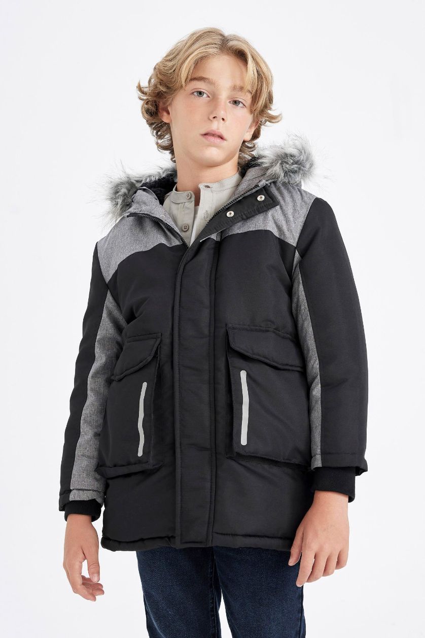 GARÇONS Noir Manteau à capuche en fausse Fourrure amovible et doublure en Peluche pour Garçon