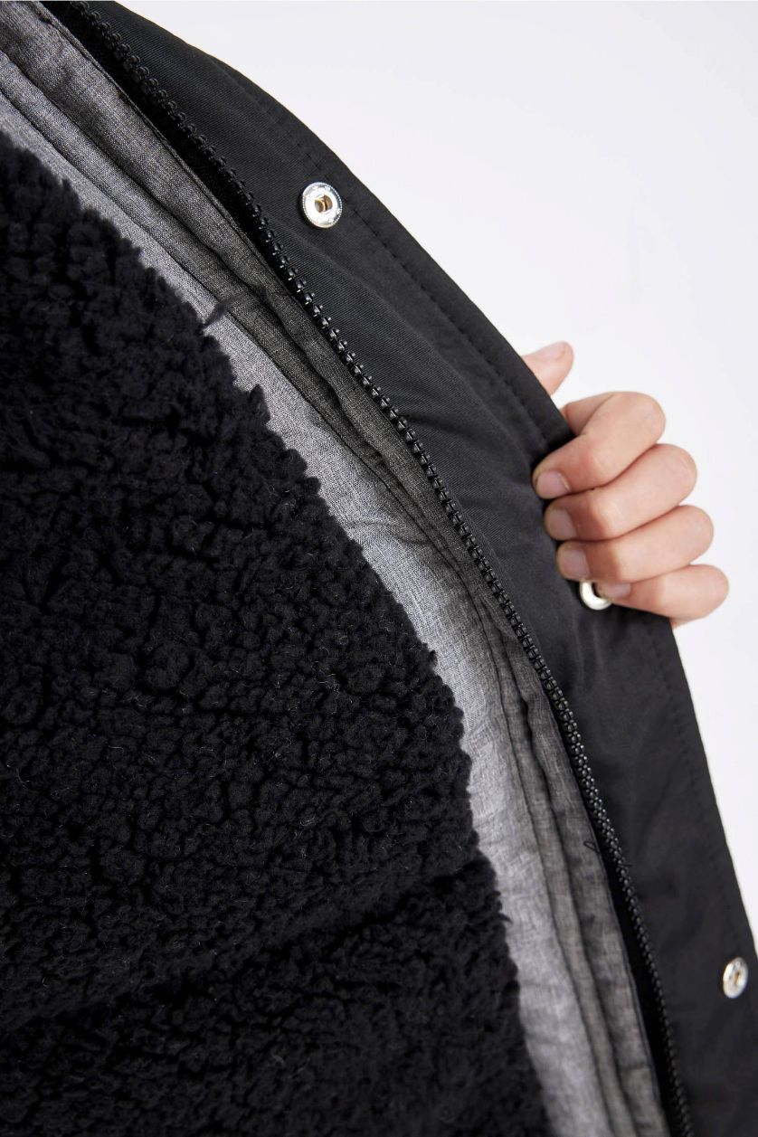 GARÇONS Noir Manteau à capuche en fausse Fourrure amovible et doublure en Peluche pour Garçon