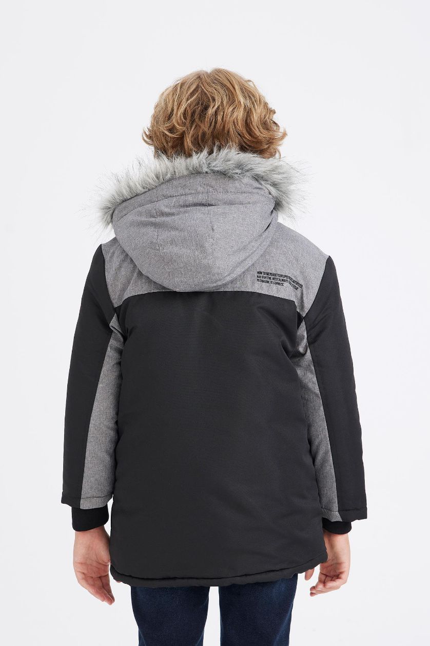 GARÇONS Noir Manteau à capuche en fausse Fourrure amovible et doublure en Peluche pour Garçon