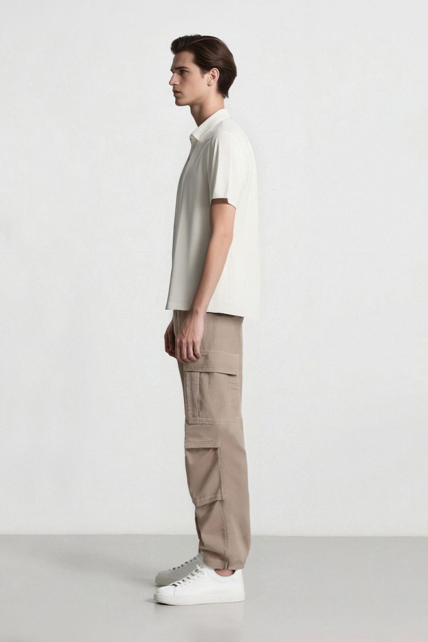 Erkek Kum Kadife Pantolon Wide Leg Bol Rahat Kesim Kargo Cepli Düz Paça