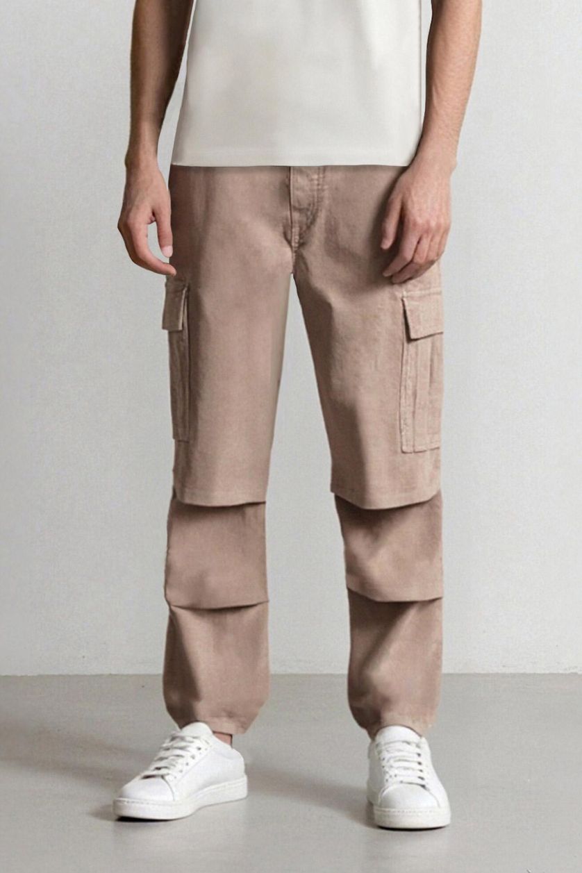 Erkek Kum Kadife Pantolon Wide Leg Bol Rahat Kesim Kargo Cepli Düz Paça