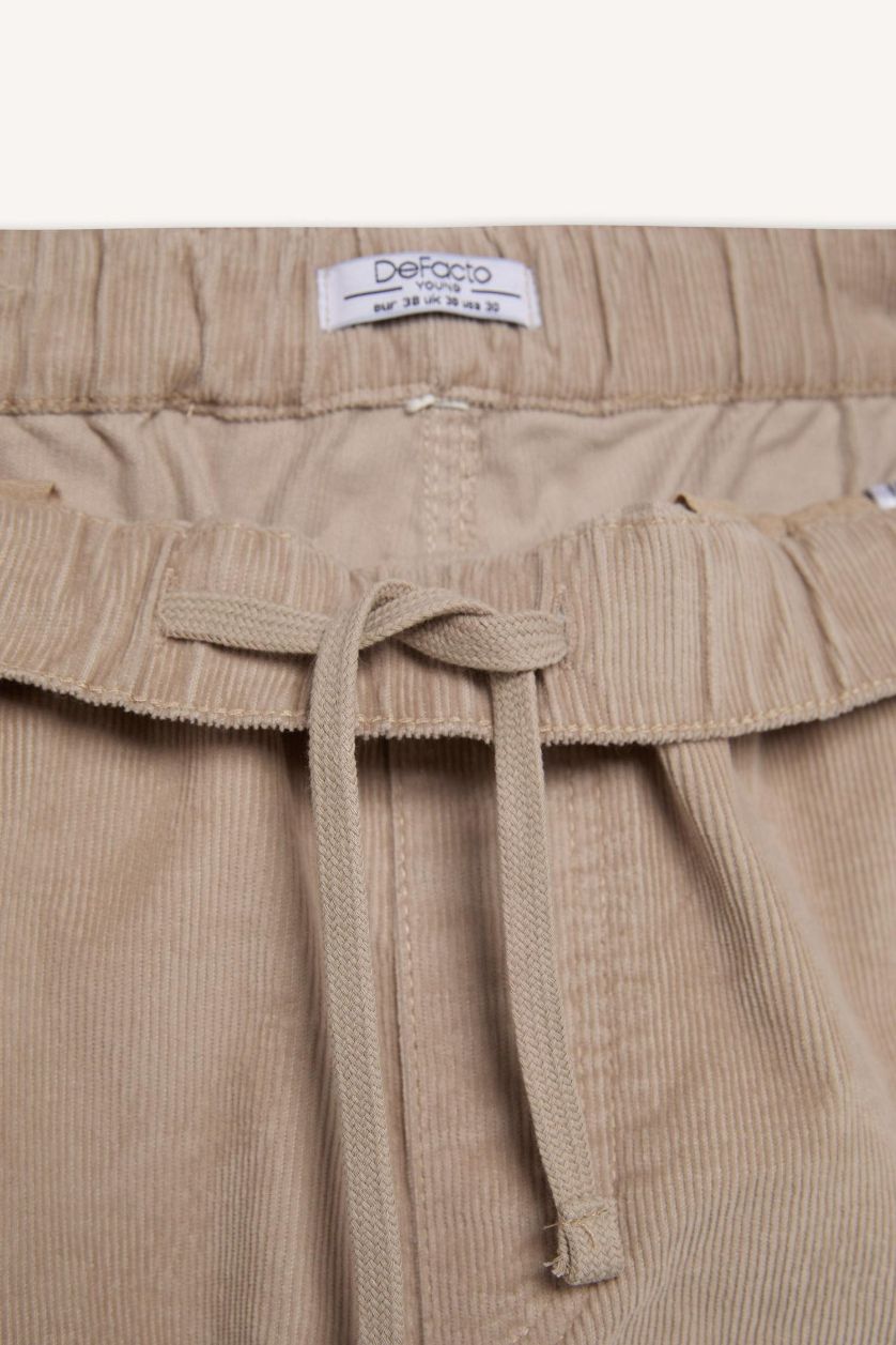 Erkek Kum Kadife Pantolon Wide Leg Bol Rahat Kesim Kargo Cepli Düz Paça