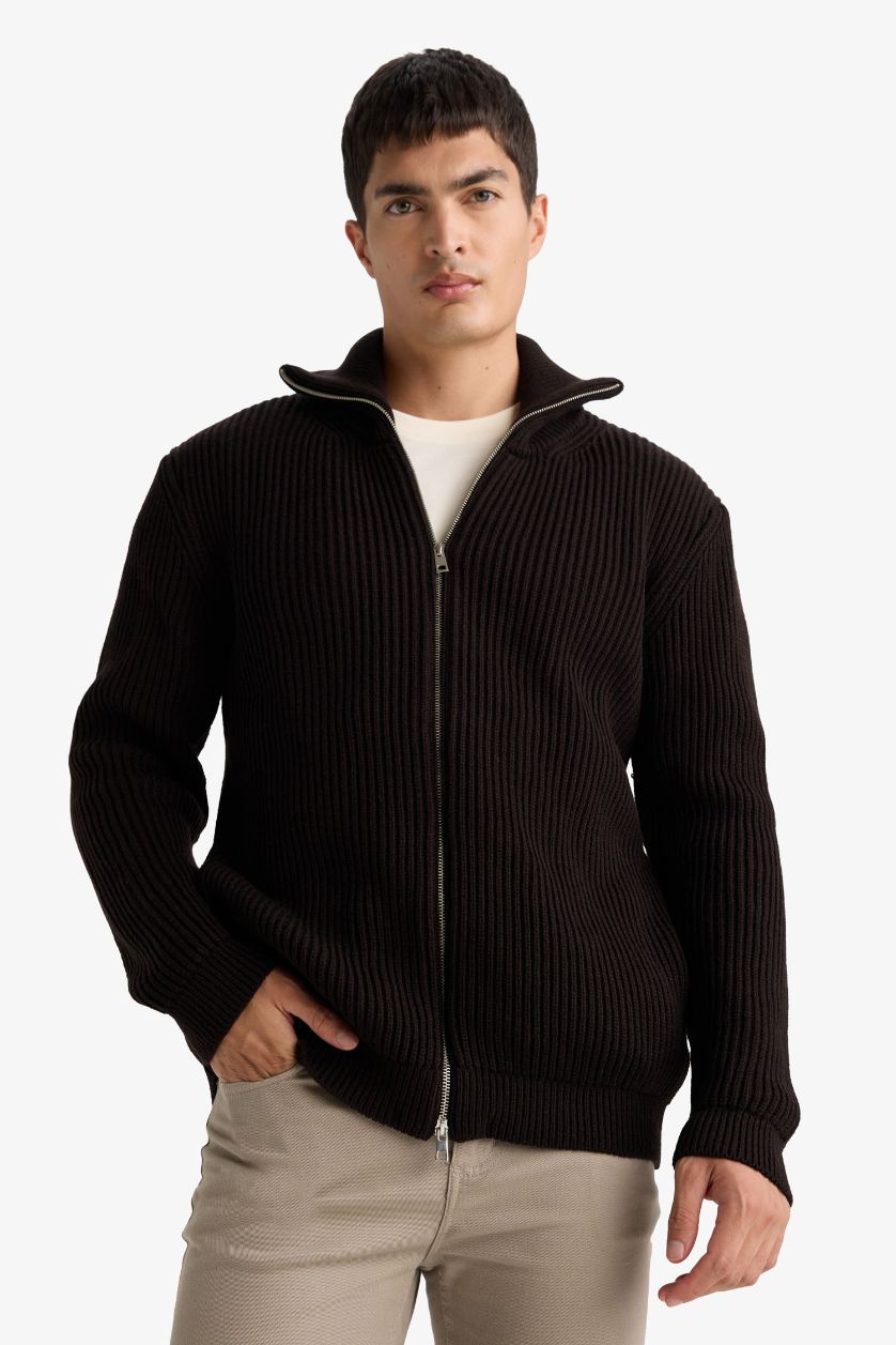 MAN Brown Standard Fit Turtleneck Knitwear Cardigan