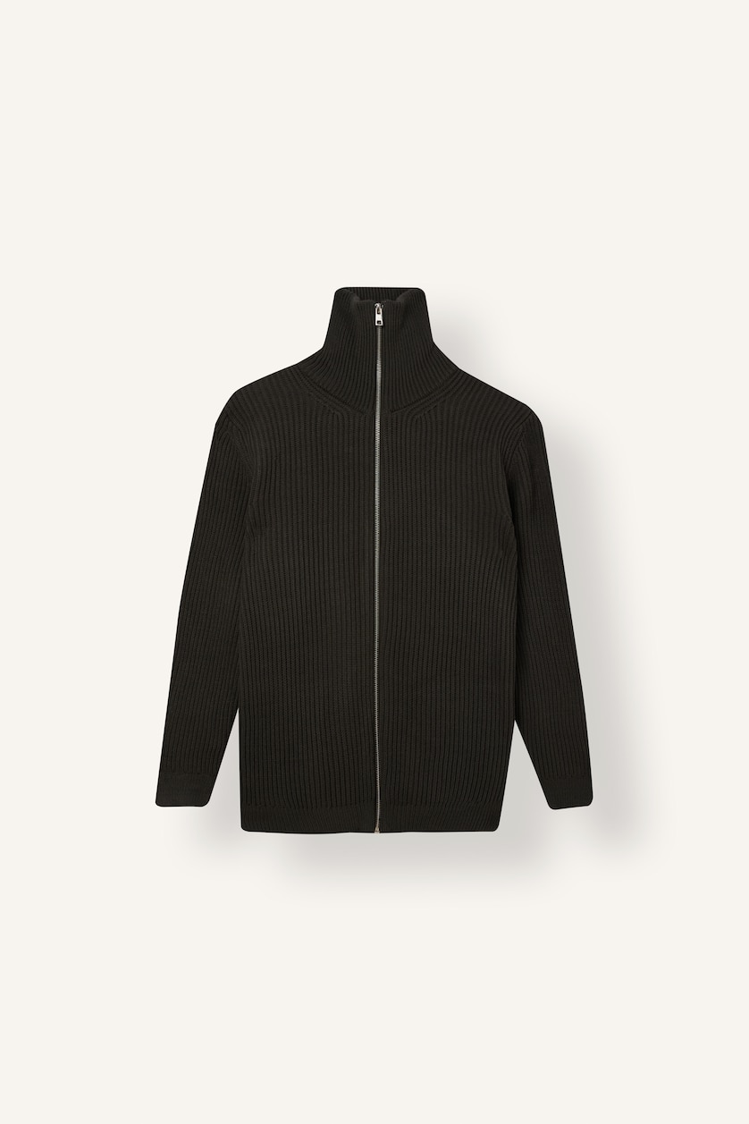 Men Dark Khaki Standard Fit Turtleneck Knitted Cardigan