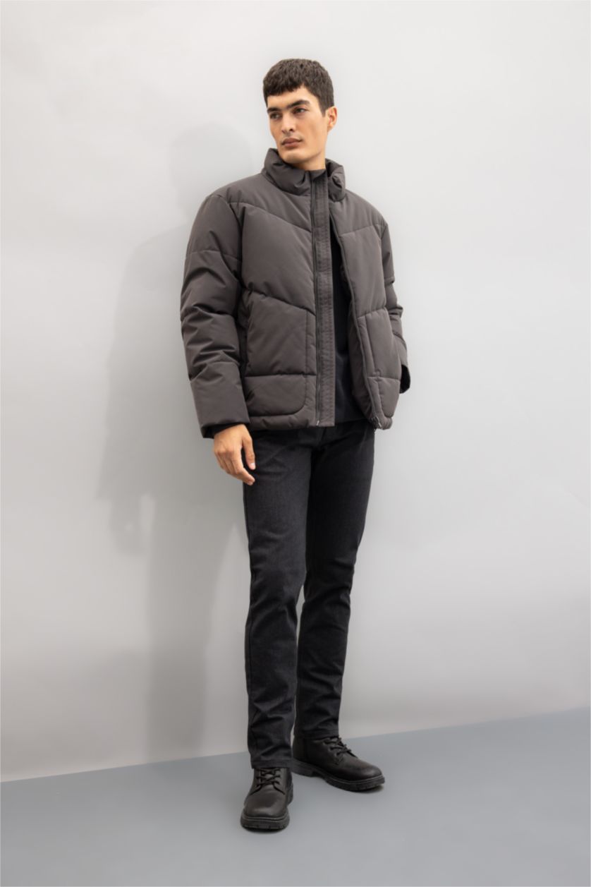 Erkek Antrasit Slim Fit Dar Kesim Dik Yaka Fermuarlı Cepli Şişme Mont