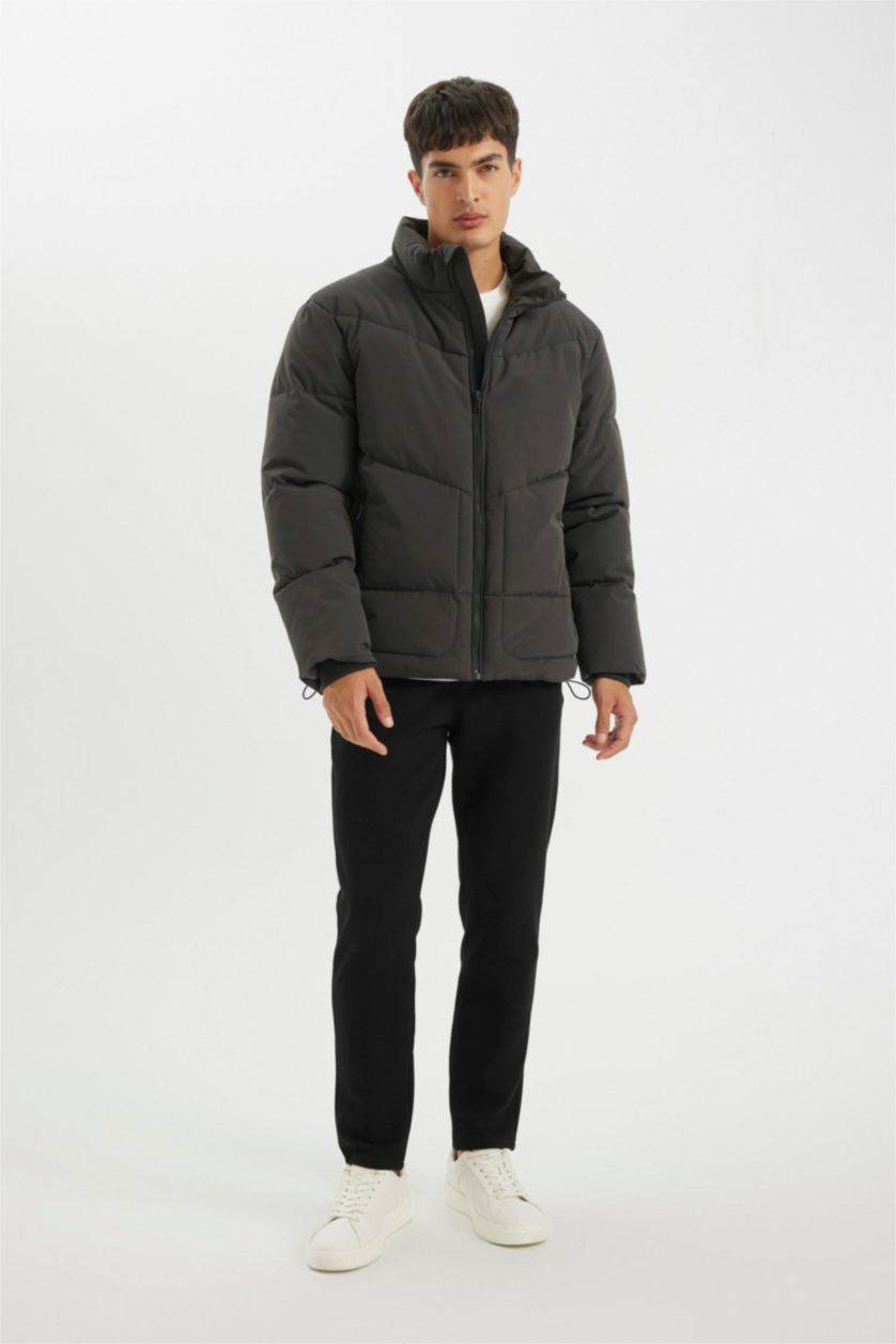 Erkek Antrasit Slim Fit Dar Kesim Dik Yaka Fermuarlı Cepli Şişme Mont