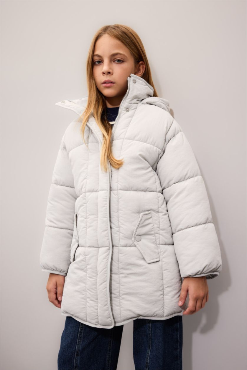 Kız Çocuk - Genç Kız Açık Gri Su Geçirmez Kapüşonlu Hafif Uzun Şişme Mont Parka Fermuarlı Cepli Kız Çocuk
