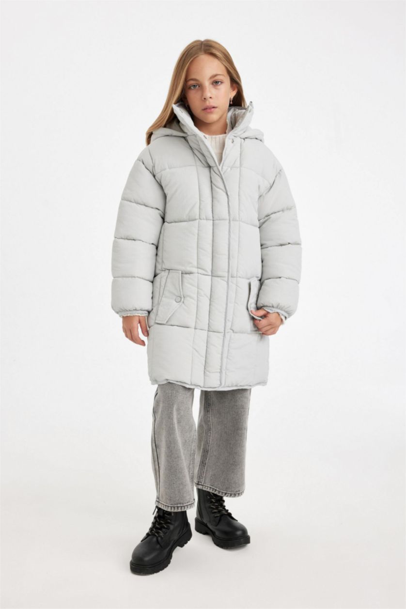 Kız Çocuk - Genç Kız Açık Gri Su Geçirmez Kapüşonlu Hafif Uzun Şişme Mont Parka Fermuarlı Cepli Kız Çocuk