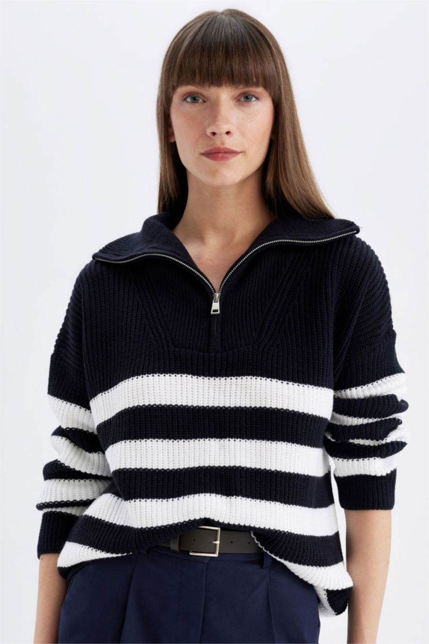 Kadın Lacivert Relax Fit Çizgili Yarım Fermuarlı Selanik Kumaş Triko Kazak