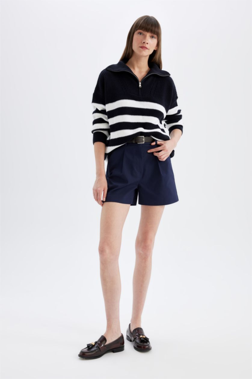 Kadın Lacivert Relax Fit Çizgili Yarım Fermuarlı Selanik Kumaş Triko Kazak