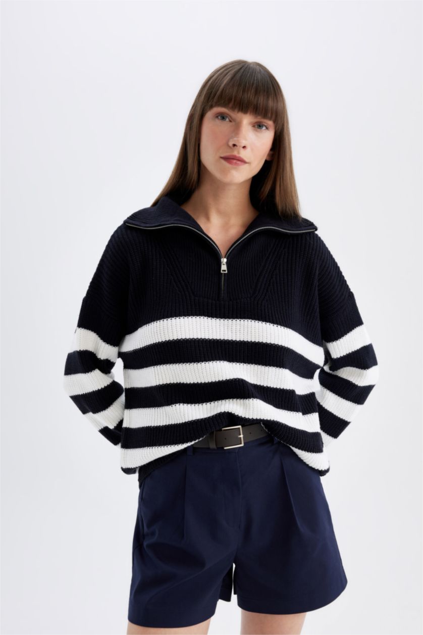 Kadın Lacivert Relax Fit Çizgili Yarım Fermuarlı Selanik Kumaş Triko Kazak