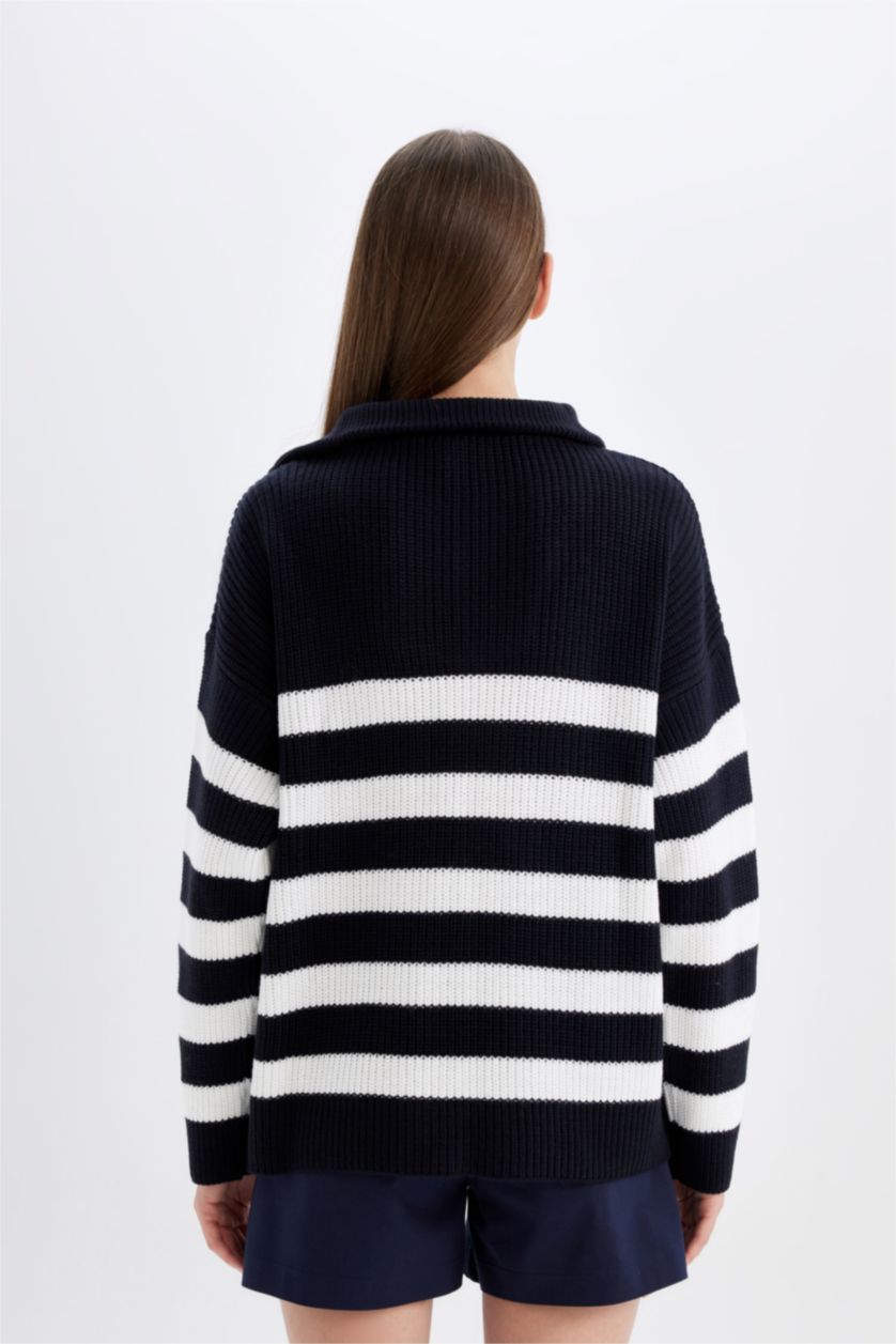 Kadın Lacivert Relax Fit Çizgili Yarım Fermuarlı Selanik Kumaş Triko Kazak