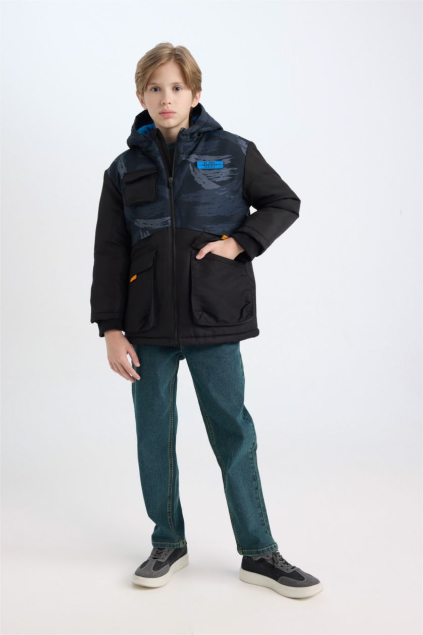 BOYS & TEENS Black Boy Hooded Water Repellent Fleece Lined Puffer Jacket