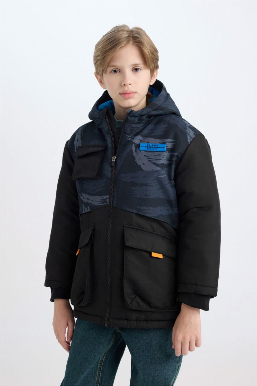 BOYS & TEENS Black Boy Hooded Water Repellent Fleece Lined Puffer Jacket