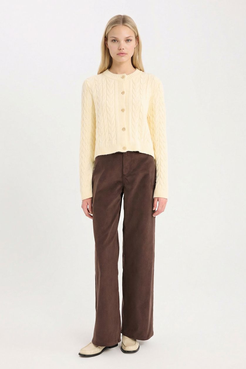 Kadın Ekru Regular Fit Bisiklet Yaka Saç Örgülü Düğmeli Triko Hırka