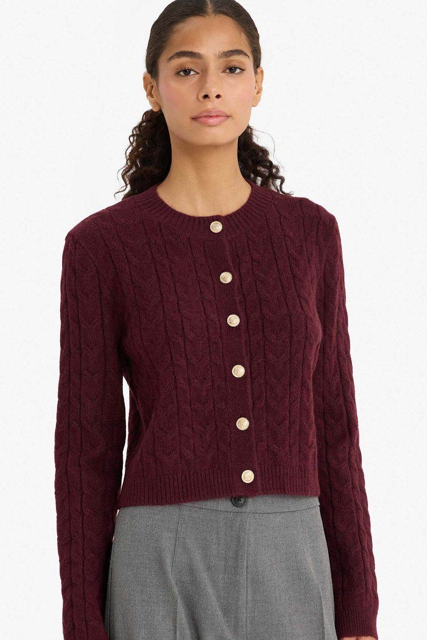 Woman Bordeaux Regular Fit Selanik Knitted Patterned Basic Knitted Cardigan