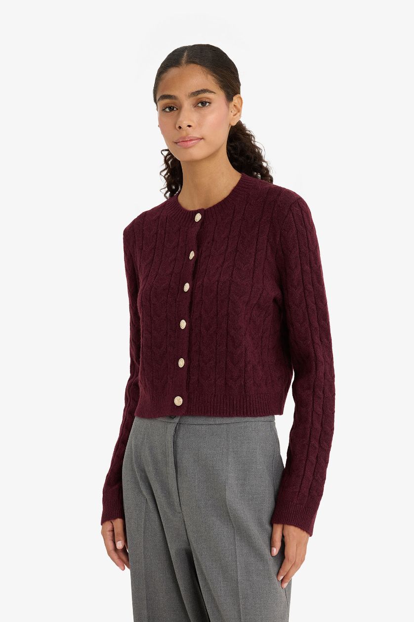 Woman Bordeaux Regular Fit Selanik Knitted Patterned Basic Knitted Cardigan