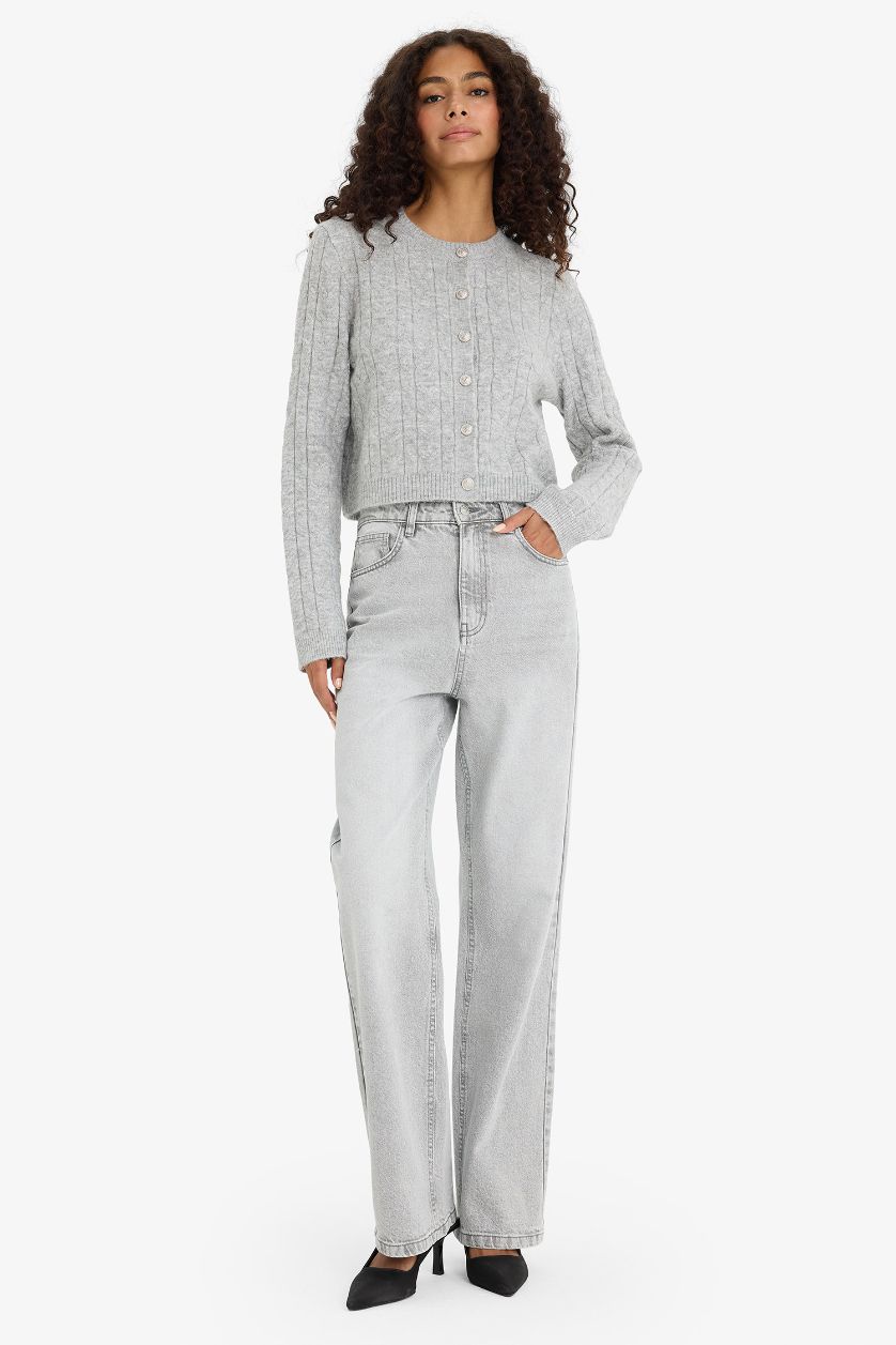 WOMAN Light Grey Melange Regular Fit Crew Neck Cardigan