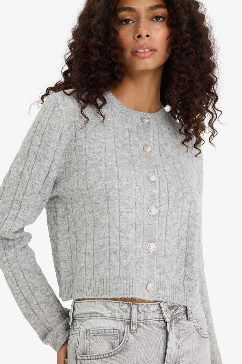 WOMAN Light Grey Melange Regular Fit Crew Neck Cardigan