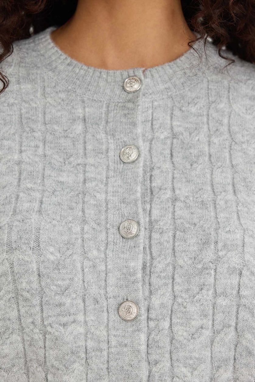 WOMAN Light Grey Melange Regular Fit Crew Neck Cardigan