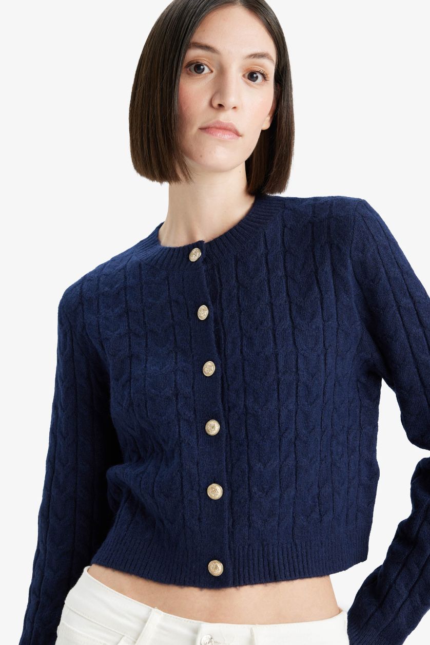 Kadın Lacivert Regular Fit Bisiklet Yaka Selanik Örgü Desenli Triko Hırka