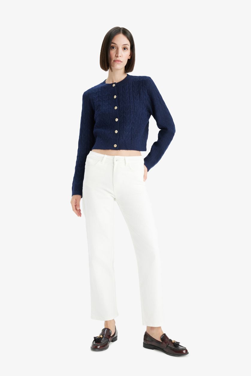 Kadın Lacivert Regular Fit Bisiklet Yaka Selanik Örgü Desenli Triko Hırka