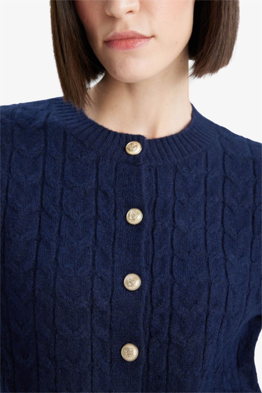 Kadın Lacivert Regular Fit Bisiklet Yaka Selanik Örgü Desenli Triko Hırka