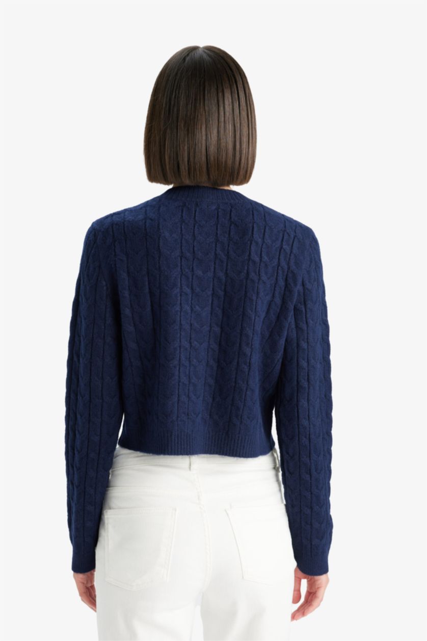 Kadın Lacivert Regular Fit Bisiklet Yaka Selanik Örgü Desenli Triko Hırka