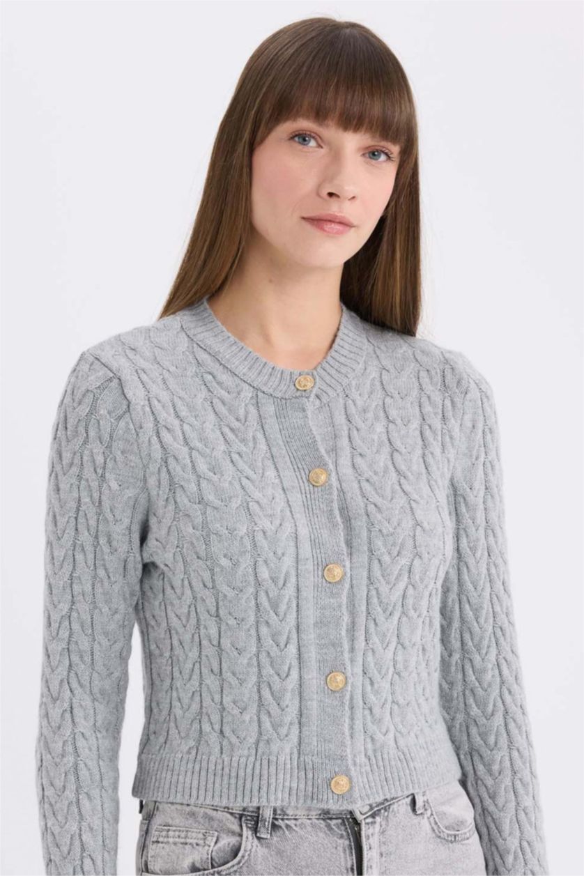 WOMAN Light Grey Melange Regular Fit Crew Neck Cardigan