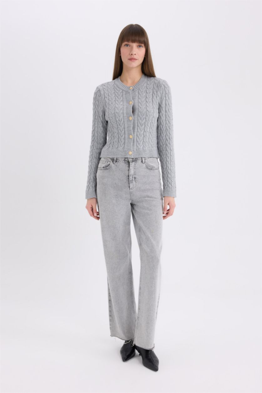 WOMAN Light Grey Melange Regular Fit Crew Neck Cardigan