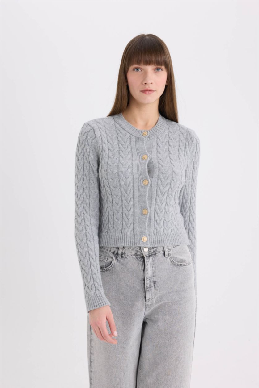 WOMAN Light Grey Melange Regular Fit Crew Neck Cardigan