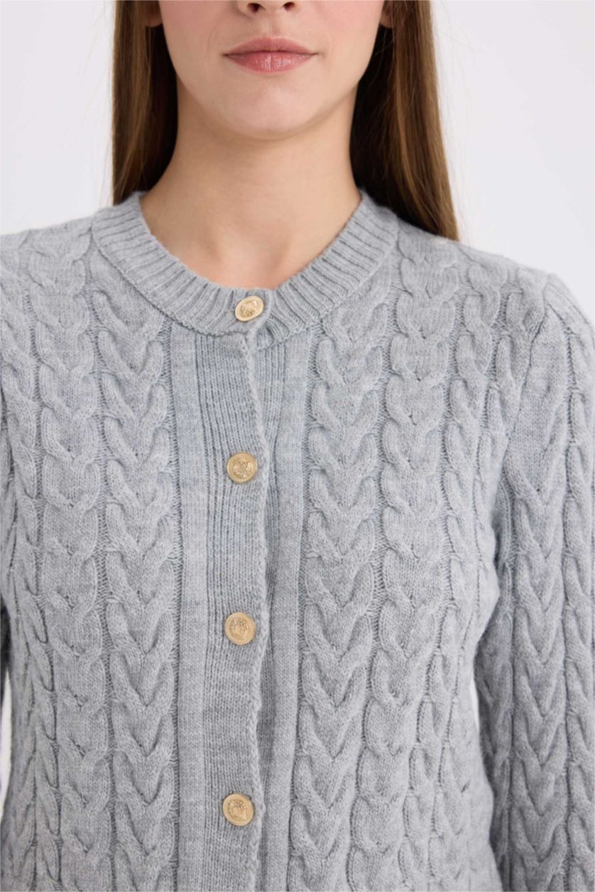 WOMAN Light Grey Melange Regular Fit Crew Neck Cardigan